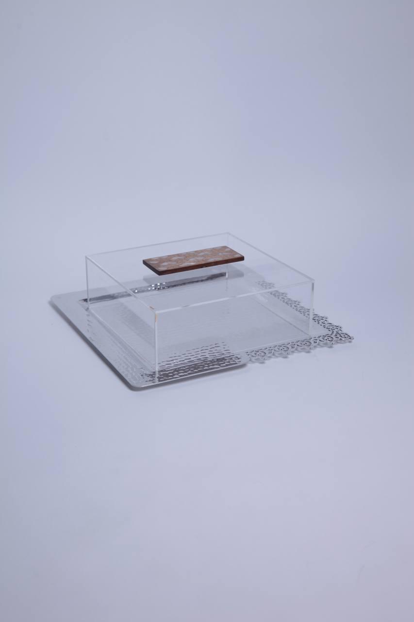 Square metal tray with lace pattern and plexiglass cover