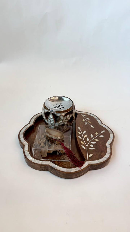 Msadaf Flower tray, round mubkhar & plixiglass box