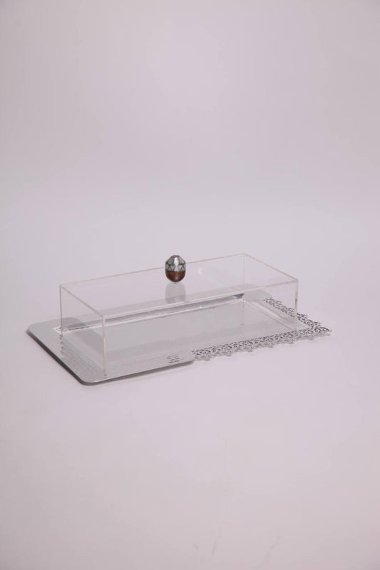 Rectangular metal tray with lace pattern and plexiglass cover