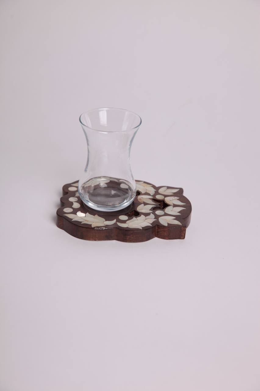 Set of tea glasses with round msadaf wooden base pattern full Tulip 6pcs