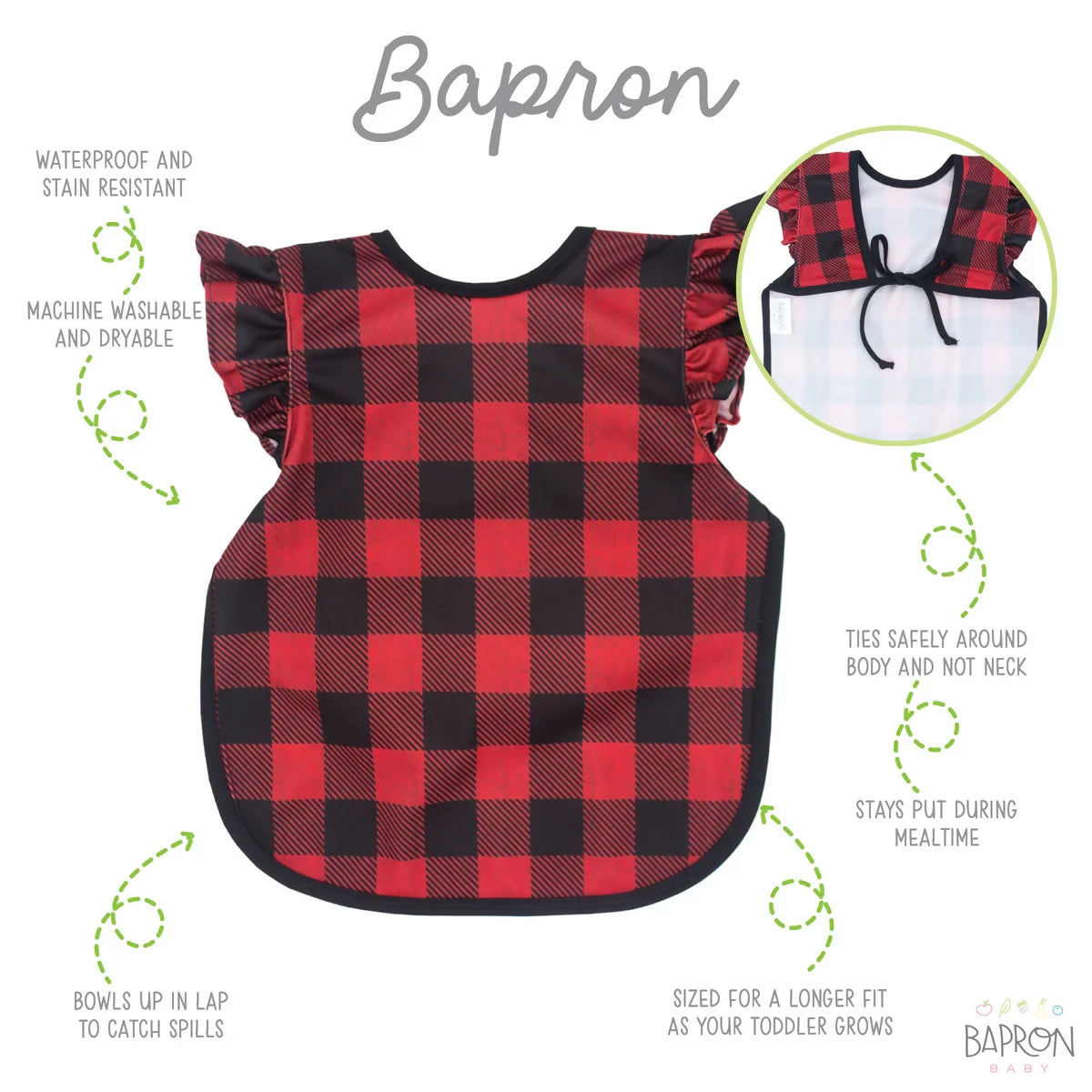 Buffalo Plaid Flutter Toddler Bapron for 6m-3T 2