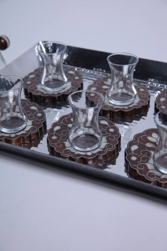 Set of glasses with oval msadaf wooden base pattern partial tulip 6 Pcs
