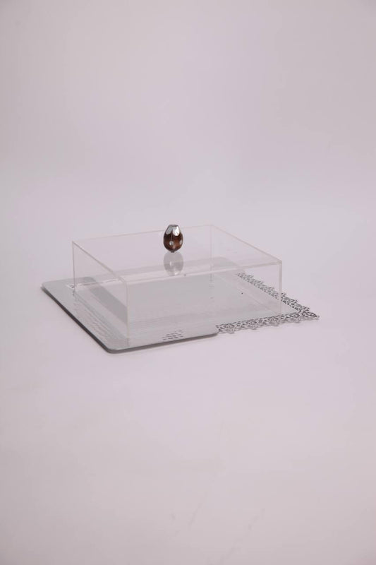 Square metal tray with lace pattern and plexiglass cover