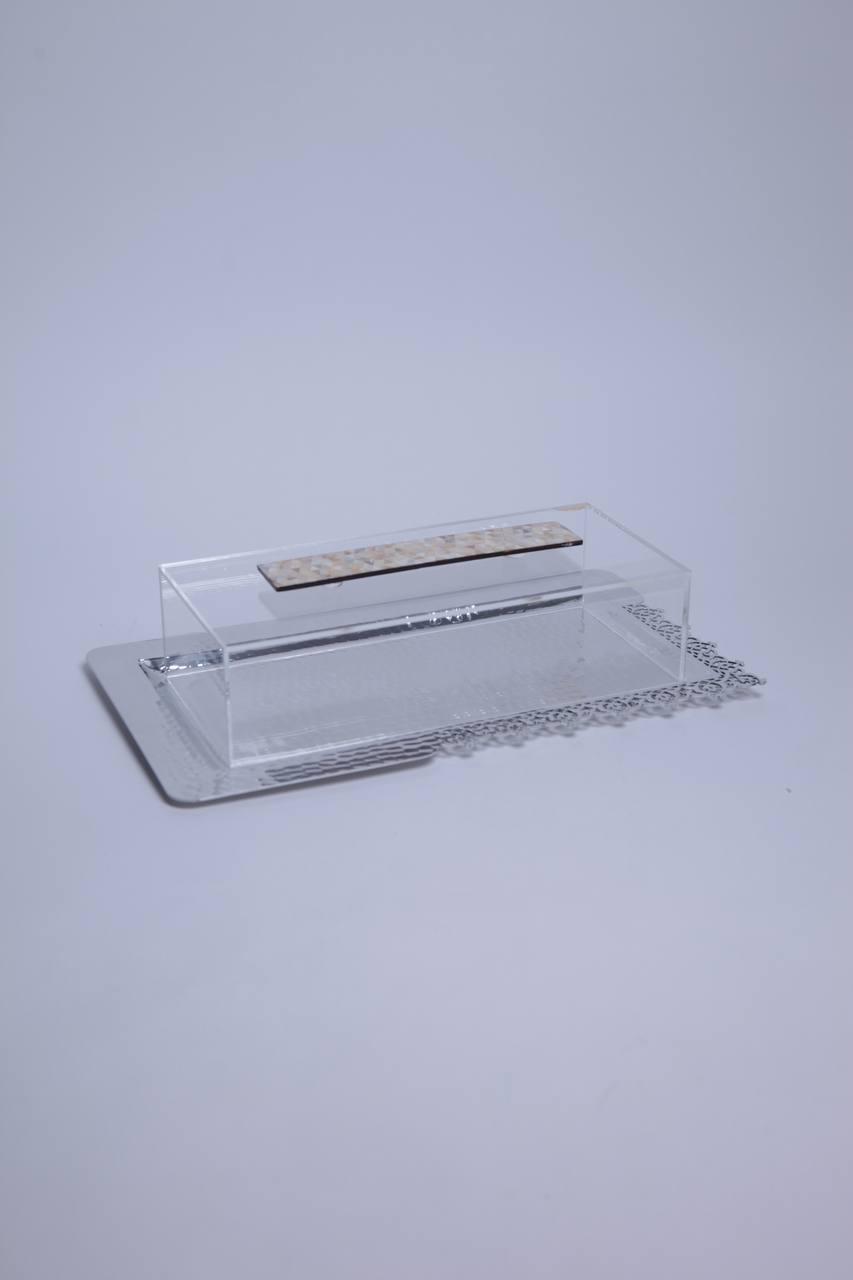 Rectangular metal tray with lace pattern and plexiglass cover